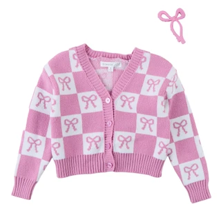 Thumbnail 1: Btween Little Girls Long Sleeve Pink Bow Checkered Sweater 