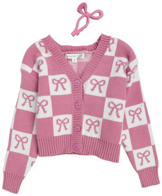 Thumbnail 2: Btween Little Girls Long Sleeve Pink Bow Checkered Sweater 