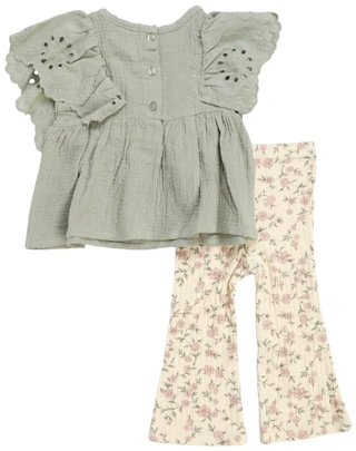Thumbnail 2: Jessica Simpson Baby Girls 2 Pc Eyelet Top & Floral Pants Set 