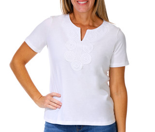Thumbnail 1: Coral Bay Women's Short Sleeve Split Neck Crochet Top 