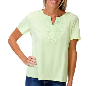 Thumbnail 1: Coral Bay Women's Short Sleeve Split Neck Crochet Top 