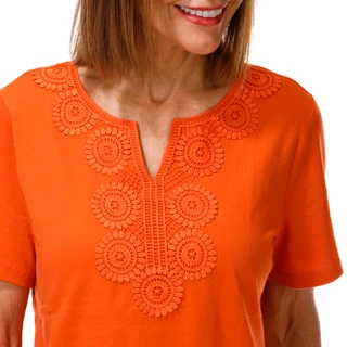 Thumbnail 2: Coral Bay Women's Short Sleeve Split Neck Crochet Top 