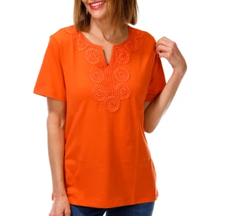 Thumbnail 1: Coral Bay Women's Short Sleeve Split Neck Crochet Top 