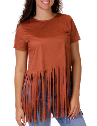 Thumbnail 1: Saints & Hearts Juniors Short Sleeve Faux Suede Fringe Hem Top 