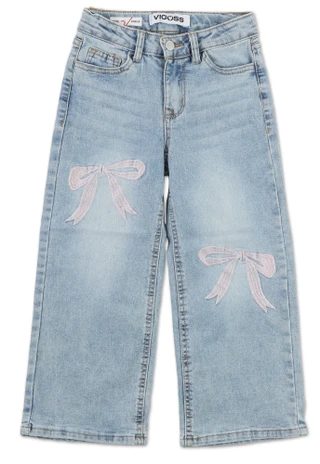 Thumbnail 1: Vigoss Little Girls Embroidered Bow Wide Leg Jeans 