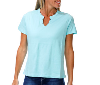 Thumbnail 1: Coral Bay Women's Short Sleeve Rhinestone Split Neck Top 