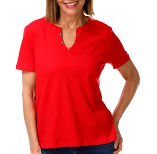 Thumbnail 1: Coral Bay Women's Short Sleeve Rhinestone Split Neck Top 