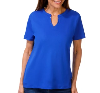 Thumbnail 1: Coral Bay Women's Short Sleeve Rhinestone Split Neck Top 