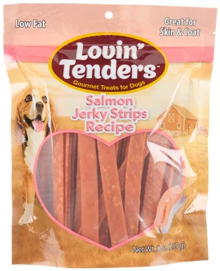 Thumbnail 1: Lovin' Tenders 9 oz Salmon Jerky Strips Recipe Dog Treats 