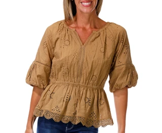 Thumbnail 1: Democracy Women's Elbow Bubble Sleeve Ruffle Crochet Peplum Top 