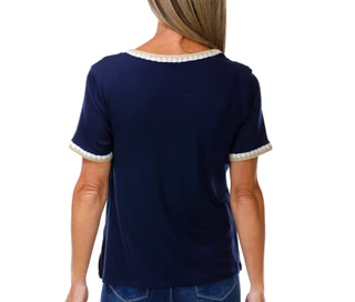 Thumbnail 2: Cyrus Women's Short Sleeve Ribbed Blanket Stitch Top 