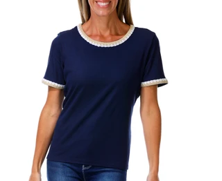 Thumbnail 1: Cyrus Women's Short Sleeve Ribbed Blanket Stitch Top 