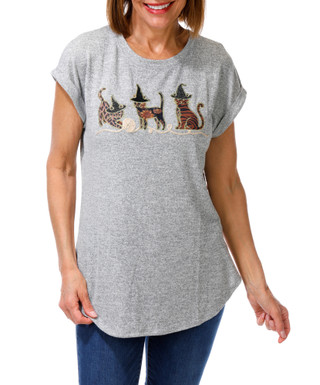 Thumbnail 1: Tru Self Women's Petite Embroidered Cat Top  