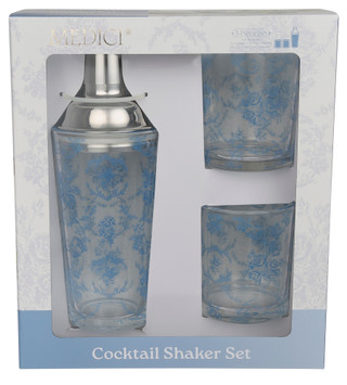 Thumbnail 1: CORE HOME Blue Toile 3-Piece Cocktail Shaker Set 