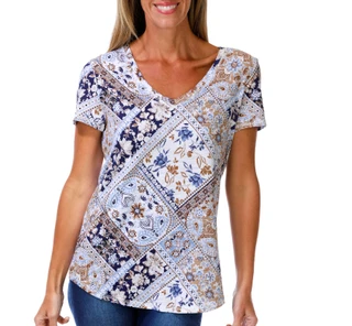 Thumbnail 1: Blue Sol Women's Short Sleeve Spanish Patchwork Top 