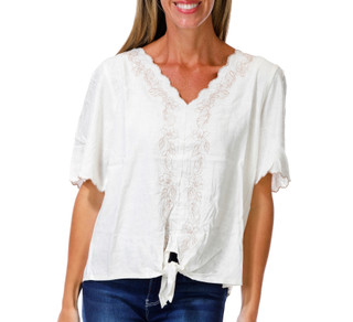 Thumbnail 1: AGB Women's Short Sleeve Embroidered Tie Hem Top 
