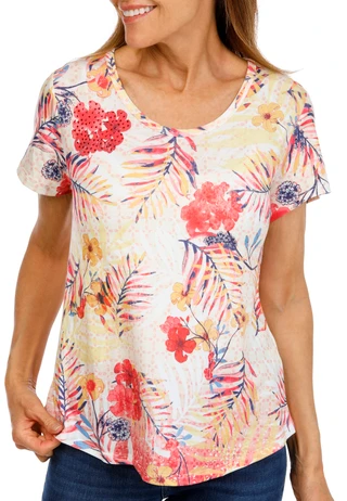 Thumbnail 1: ONE WORLD Petite Short Sleeve Studded Print Top 