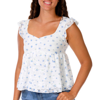 Thumbnail 1: Pink Rose Short Sleeve Tie-Back Ditsy Babydoll Top 