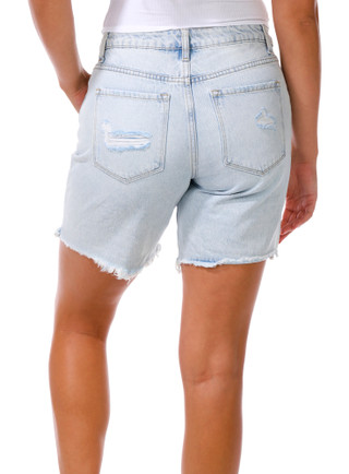 Thumbnail 2: VERVET Light Wash Cross Front Destroyed Denim Shorts 