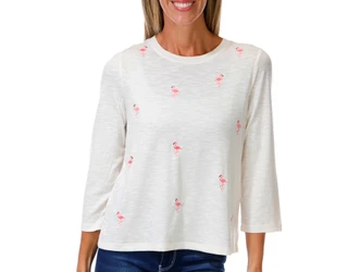 Thumbnail 1: Cupio Blush Women's 3/4 Sleeve Embroidered Flamingos Top 