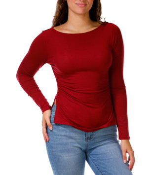 Thumbnail 1: Madden Girl Juniors Long Sleeve Boat Neck Ruche Sides Stretch Top 