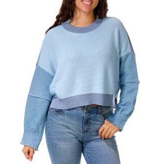 Thumbnail 1: Basic By Design Juniors Denim Sleeve Knit Pullover Sweater 