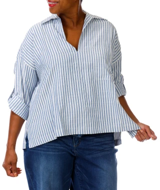 Thumbnail 2: Max Studio London Women's Plus 1 Pocket Roll Tab Sleeve Stripe Top 