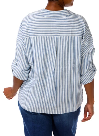 Thumbnail 4: Max Studio London Women's Plus 1 Pocket Roll Tab Sleeve Stripe Top 
