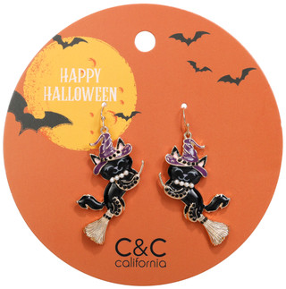 Thumbnail 1: C&C California Gold Tone Halloween Cats on Broomstick Drop Earrings 