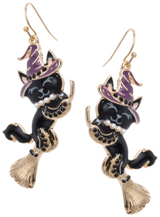Thumbnail 2: C&C California Gold Tone Halloween Cats on Broomstick Drop Earrings 