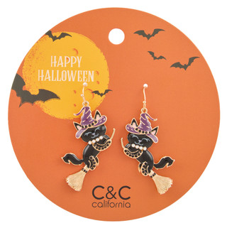 Thumbnail 1: C&C California Gold Tone Halloween Cats on Broomstick Drop Earrings 