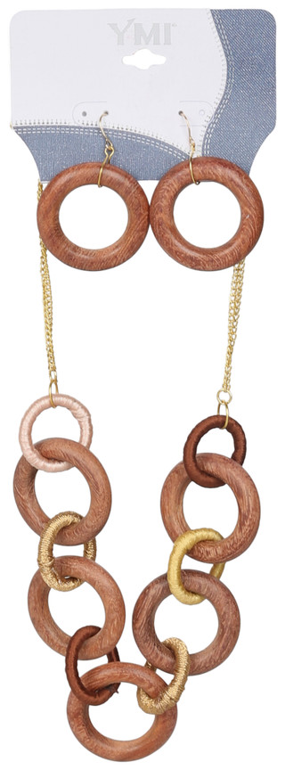 Thumbnail 1: YMI Mixed Wood Link Necklace & Hoop Earrings Set 