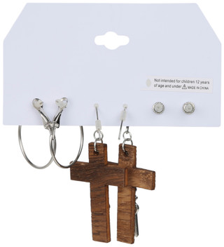 Thumbnail 2: YMI 3 Pk Wood Cross Drops & Silver Tone Hoops Set 