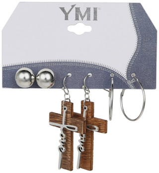 Thumbnail 1: YMI 3 Pk Wood Cross Drops & Silver Tone Hoops Set 