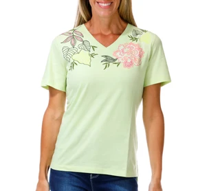 Thumbnail 1: Coral Bay Women's Short Sleeve V-Neck Boho Floral Linework Top 