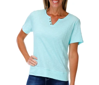 Thumbnail 1: Coral Bay Petite Short Sleeve Decorative Button Split Neck Top 