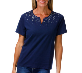 Thumbnail 1: Coral Bay Women's Short Sleeve Confetti Bling Split Neck Top 