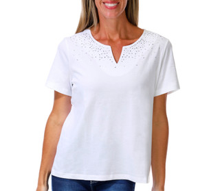 Thumbnail 1: Coral Bay Women's Short Sleeve Confetti Bling Split Neck Top 
