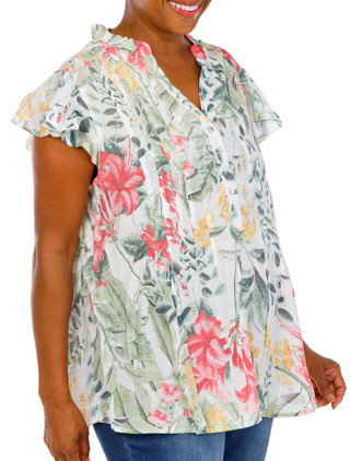 Thumbnail 4: Kate Park Women's Plus Floral Flutter Sleeve Top 