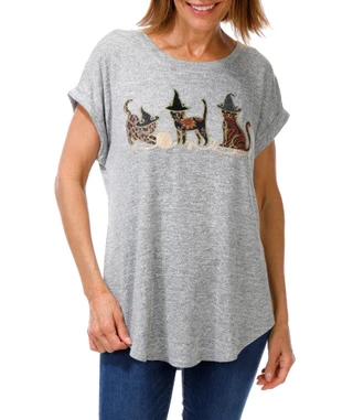 Thumbnail 1: Tru Self Women's Embroidered Cat Top  