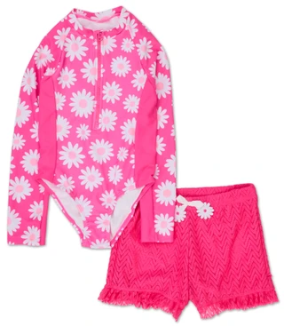 Thumbnail 1: Young Hearts Girls 2 Pc Rashguard Swimsuit & Shorts Set 