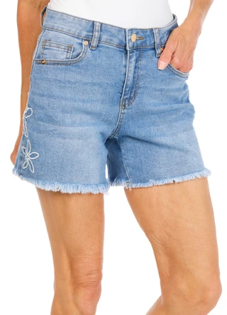 Thumbnail 1: Stella Parker Women's Embroidered Floral Denim Shorts  