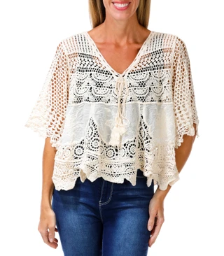 Thumbnail 1: LIV LOS ANGELES Women's Crochet & Lace Sweater with Tassel Ties 