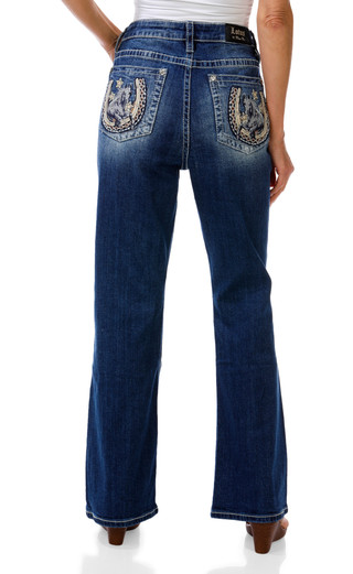 Thumbnail 2: Lotus by Miss Me Women's 5 Pocket Rhinestone Horseshoe Back Boot Cut Jeans 