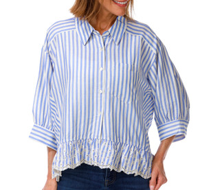Thumbnail 1: BUNULU Women's Roll-Sleeve Button Down Eyelet Hem Top 