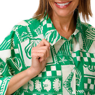 Thumbnail 2: BUNULU Women's Printed Eyelet Ruffle Hem Button Down Shirt 