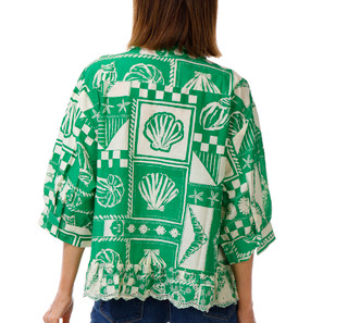 Thumbnail 3: BUNULU Women's Printed Eyelet Ruffle Hem Button Down Shirt 