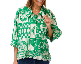 Thumbnail 1: BUNULU Women's Printed Eyelet Ruffle Hem Button Down Shirt 