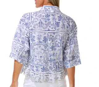 Thumbnail 2: BUNULU Women's Printed Ruffle Hem Button Down Shirt 