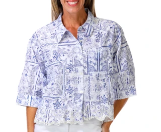 Thumbnail 1: BUNULU Women's Printed Ruffle Hem Button Down Shirt 